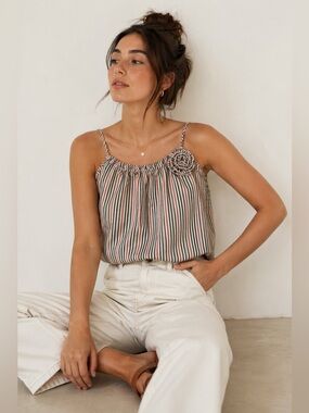 Striped tank Top with Floral material Accent